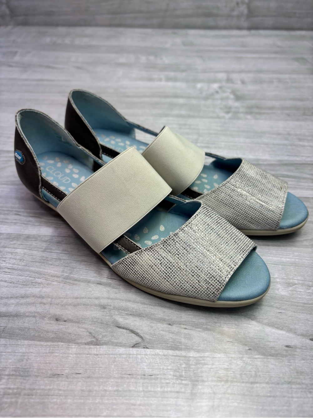 Cloud Nine Women's Light Blue and Silver Slip-On Sandals size 39 or 8.5